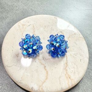 Vintage Blue Aurora Borealis Crystal Cluster Clip-on Earrings